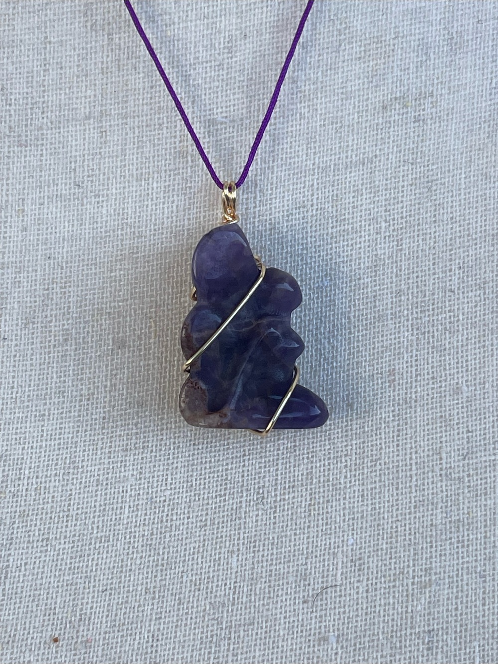 Amethyst Fairy Necklace Purple Nylon Cord Gold Tone Wire Wrapping